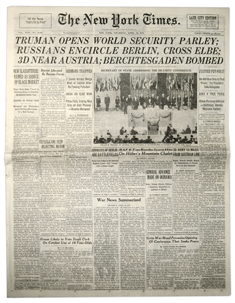 WWII ''The New York Times'' Newspaper From 26 April 1945 -- Reporting Final Overthrow of The Reich & Establishment of the United Nations
